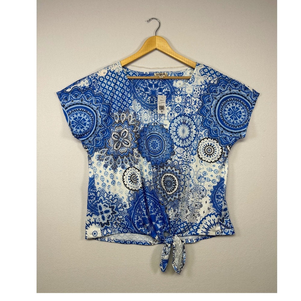 Boho Mandala One World Womens 2X Vibrant Blue‎ Tie Front Rhinestone Blouse NWT